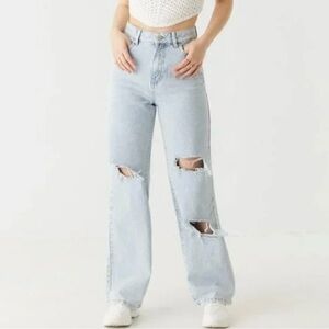 Wide Leg Blue Ripped Jeans Size 03 Light Wash Denim Streetwear Casual